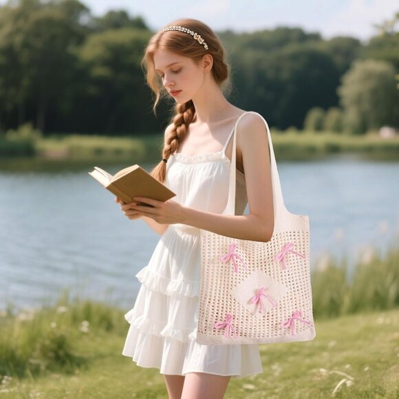 Women Pinkish Apricot Shoulder Shopping Handbag Casual Travel Tote Fold Able Bag - Picture 6 of 7